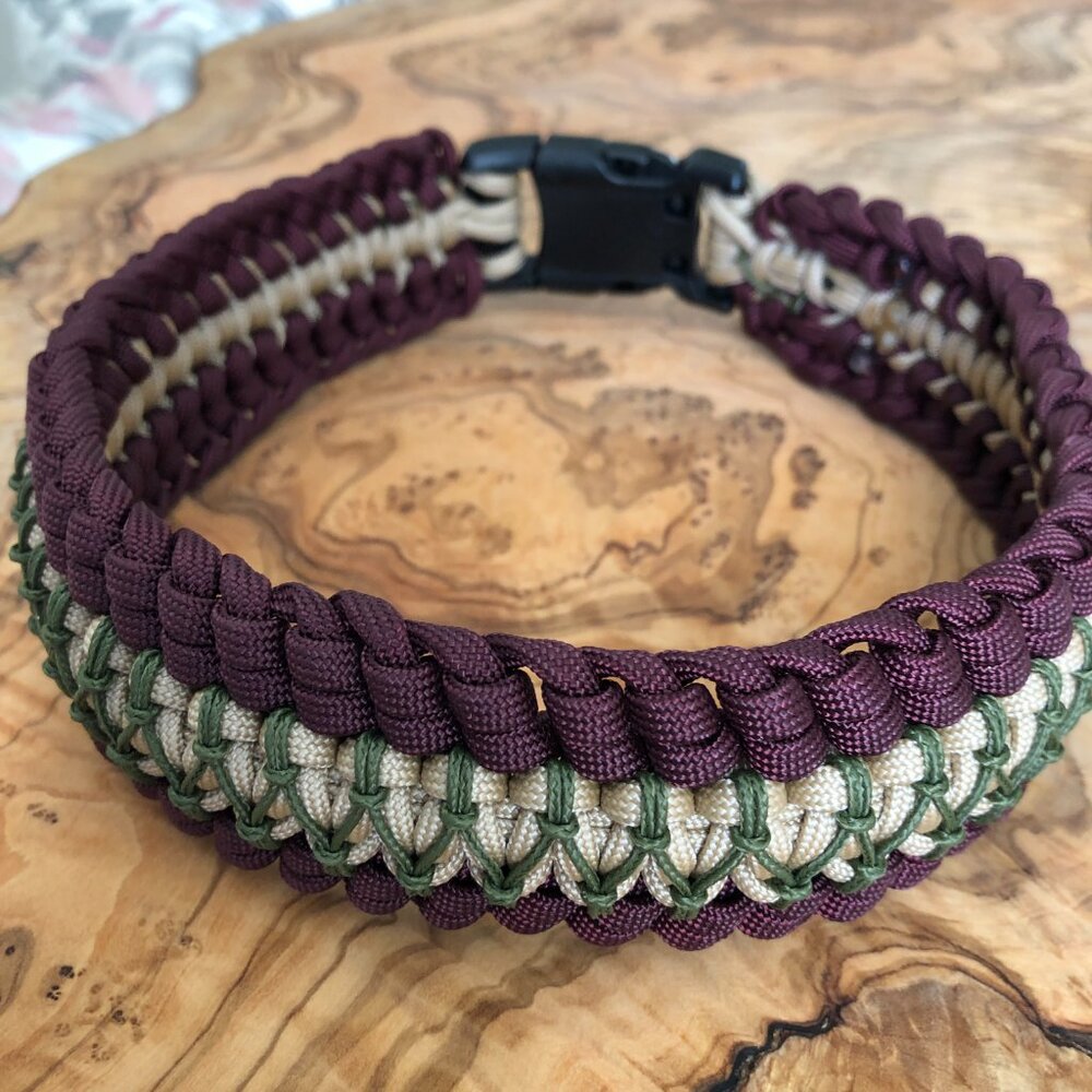 Fancy Dog Collar 20.5" Lg Burgundy & Tan Paracord w/ Green Stitching Handmade